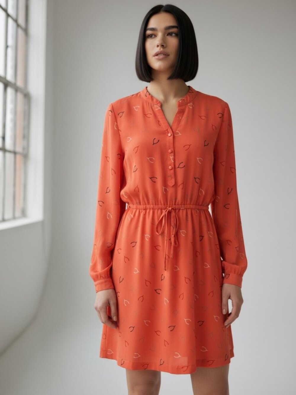 ModCloth Effortless On Arrival Wishbone Coral Dress Sz M Tab Sleeve Tie Waist